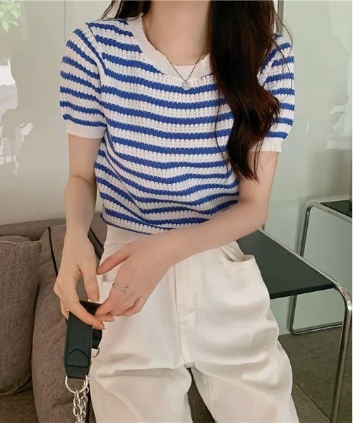 WEGO（ウィゴー）の「WEGO/ボーダーサマーニットクロップド丈トップス/Tシャツ（ニット/セーター・レディース・ピンク/グリーン/その他1/ブラック/ブルー・FREE）」の8枚目の写真