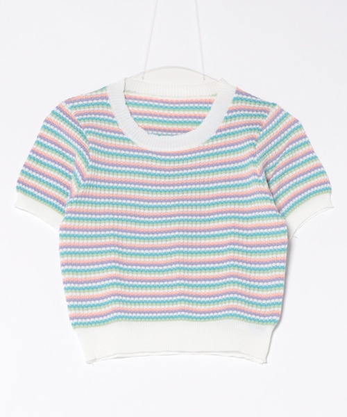 WEGO（ウィゴー）の「WEGO/ボーダーサマーニットクロップド丈トップス/Tシャツ（ニット/セーター・レディース・ピンク/グリーン/その他1/ブラック/ブルー・FREE）」の11枚目の写真