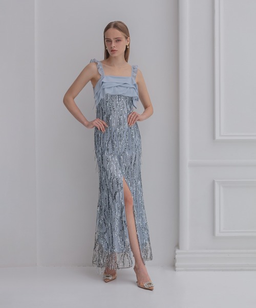 Leja フリンジスパンコールIラインドレスワンピース美脚効果パーティードレス Leja（レジャ）の「【LEJA LUXE】フリンジスパンコールIラインドレス