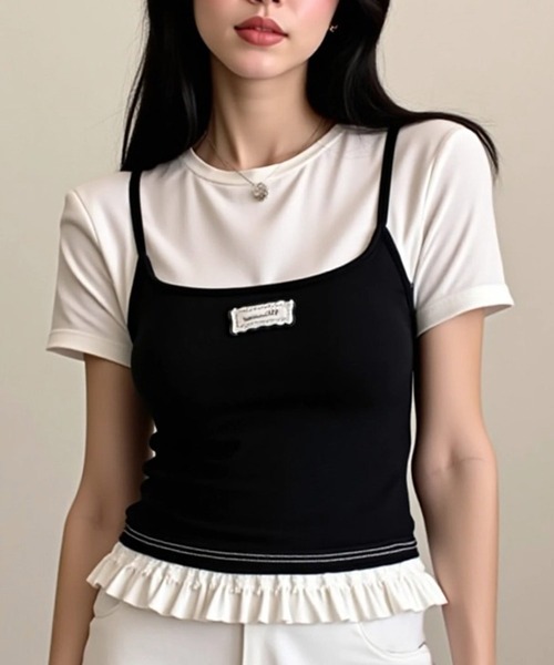 .KOM（ドットコム）の「A'GEM/9 × .kom 『.KOMZ/ドットケーオーエムゼット』 /リボンキャミ×フリルTシャツ セットトップス（Tシャツ/カットソー・レディース・ブラック/レッド・FREE）」の6枚目の写真
