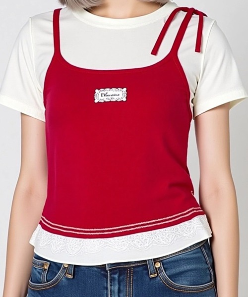 .KOM（ドットコム）の「A'GEM/9 × .kom 『.KOMZ/ドットケーオーエムゼット』 /リボンキャミ×フリルTシャツ セットトップス（Tシャツ/カットソー・レディース・ブラック/レッド・FREE）」の11枚目の写真