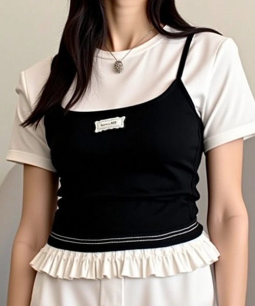 .KOM（ドットコム）の「A'GEM/9 × .kom 『.KOMZ/ドットケーオーエムゼット』 /リボンキャミ×フリルTシャツ セットトップス（Tシャツ/カットソー・レディース・ブラック/レッド・FREE）」の7枚目の写真