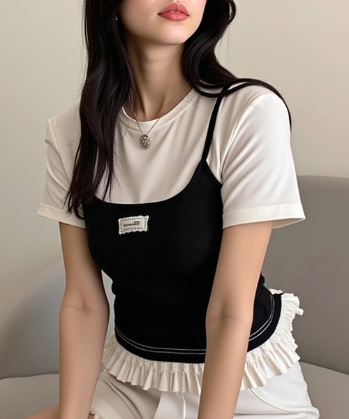.KOM（ドットコム）の「A'GEM/9 × .kom 『.KOMZ/ドットケーオーエムゼット』 /リボンキャミ×フリルTシャツ セットトップス（Tシャツ/カットソー・レディース・ブラック/レッド・FREE）」の5枚目の写真