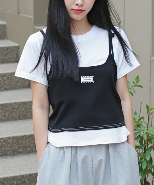 .KOM（ドットコム）の「A'GEM/9 × .kom 『.KOMZ/ドットケーオーエムゼット』 /リボンキャミ×フリルTシャツ セットトップス（Tシャツ/カットソー・レディース・ブラック/レッド・FREE）」の3枚目の写真