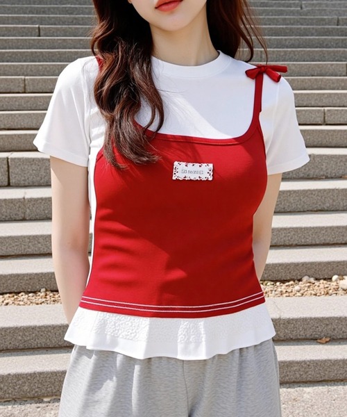 .KOM（ドットコム）の「A'GEM/9 × .kom 『.KOMZ/ドットケーオーエムゼット』 /リボンキャミ×フリルTシャツ セットトップス（Tシャツ/カットソー・レディース・ブラック/レッド・FREE）」の10枚目の写真