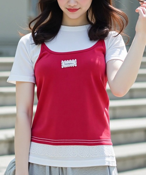 .KOM（ドットコム）の「A'GEM/9 × .kom 『.KOMZ/ドットケーオーエムゼット』 /リボンキャミ×フリルTシャツ セットトップス（Tシャツ/カットソー・レディース・ブラック/レッド・FREE）」の9枚目の写真