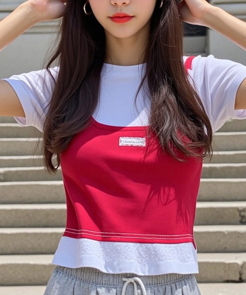 .KOM（ドットコム）の「A'GEM/9 × .kom 『.KOMZ/ドットケーオーエムゼット』 /リボンキャミ×フリルTシャツ セットトップス（Tシャツ/カットソー・レディース・ブラック/レッド・FREE）」の8枚目の写真
