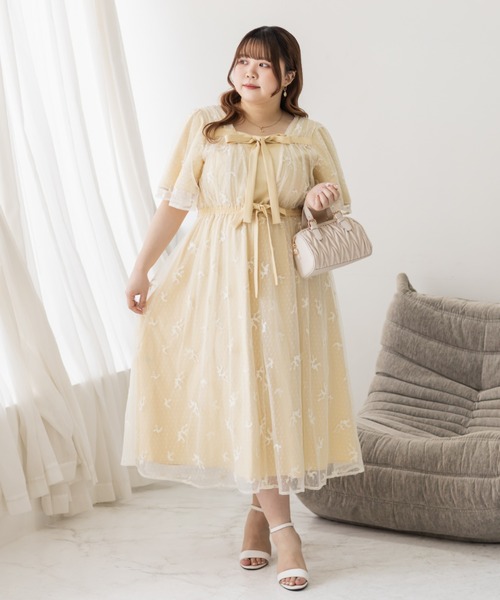 CLETTE(クレット)の「2WAY花柄チュールワンピース(ワンピース・レディース・イエロー/チャコールグレー/グレー・LL/3L/4L)」の3枚目の写真