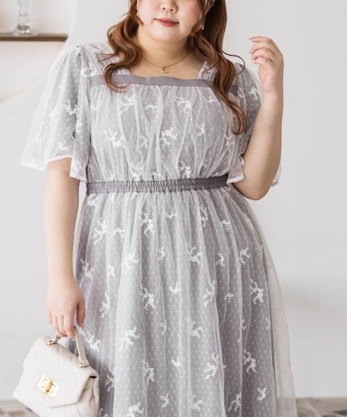 CLETTE(クレット)の「2WAY花柄チュールワンピース(ワンピース・レディース・イエロー/チャコールグレー/グレー・LL/3L/4L)」の10枚目の写真