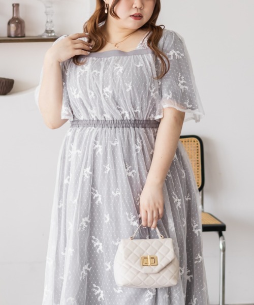 CLETTE(クレット)の「2WAY花柄チュールワンピース(ワンピース・レディース・イエロー/チャコールグレー/グレー・LL/3L/4L)」の11枚目の写真