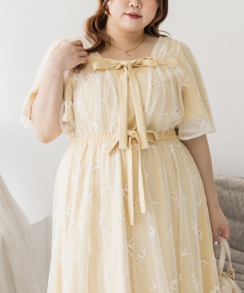 CLETTE(クレット)の「2WAY花柄チュールワンピース(ワンピース・レディース・イエロー/チャコールグレー/グレー・LL/3L/4L)」の18枚目の写真