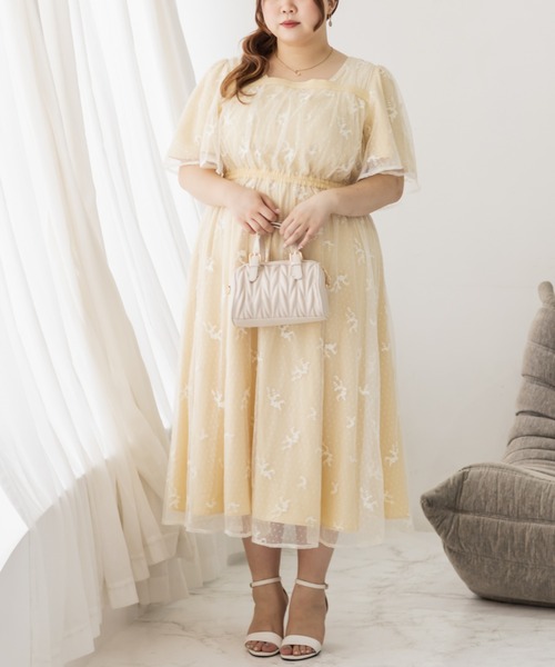 CLETTE(クレット)の「2WAY花柄チュールワンピース(ワンピース・レディース・イエロー/チャコールグレー/グレー・LL/3L/4L)」の14枚目の写真