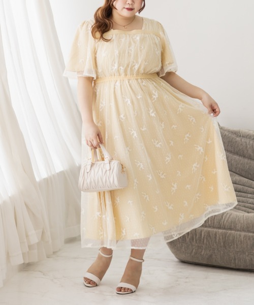 CLETTE(クレット)の「2WAY花柄チュールワンピース(ワンピース・レディース・イエロー/チャコールグレー/グレー・LL/3L/4L)」の15枚目の写真