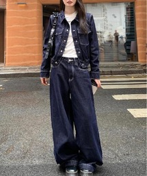 ショートデニムジャケット ＋ ハイウエストワイドレッグデニムパンツ セットアップ
