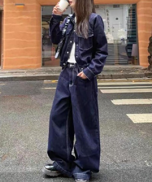 短丈デニムジャケット+パンツ セットアップ 楽天市場】デニム セットアップ レディース デニム ジャケット
