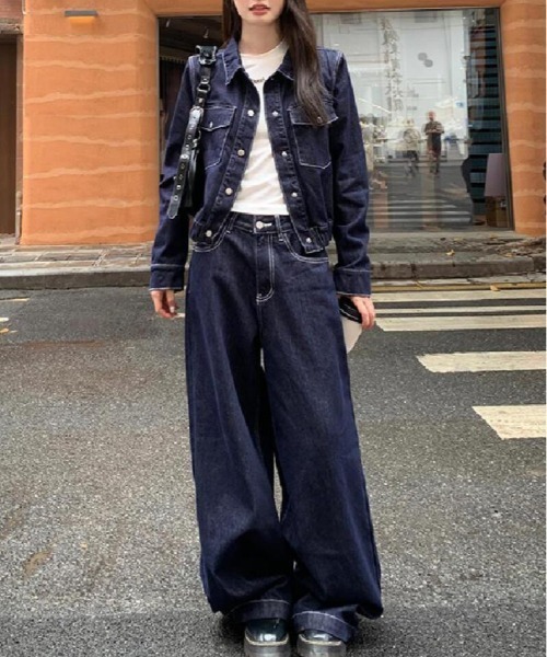 セール】ショートデニムジャケット ＋ ハイウエストワイドレッグ