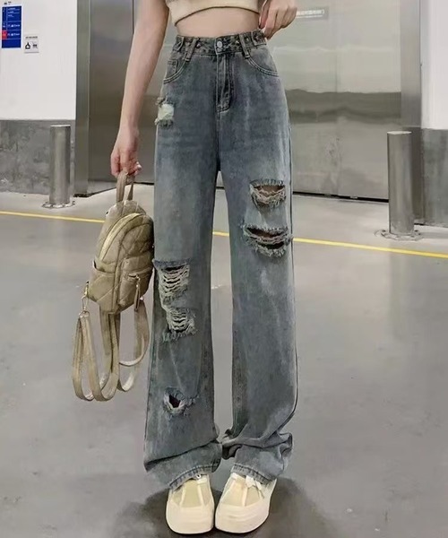 ストレートデニム ライトブルー ダメージ加工 ダメージ加工 ストレートデニム ライトブルー ライトブルー