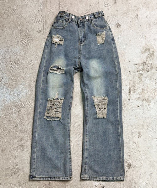 MAISON SELECT(メゾンセレクト)の「7E15 ダメージ加工 クラッシュ ワイドストレートデニムパンツ(デニムパンツ・レディース・ライトブルー・S/M/L/XL)」の6枚目の写真
