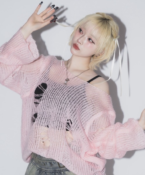 17HR(セブンティーンアワーズ)の「【ユニセックス】ルーズダメージメッシュニット(ニット/セーター・レディース・ブルー/グレー/ベージュ/ブラック×ホワイト/グリーン/ピンク/ライトブルー/ブラック×グレー・FREE)」の8枚目の写真
