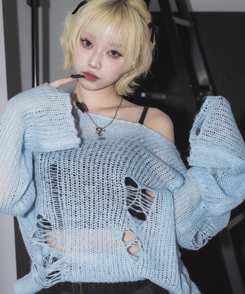 17HR(セブンティーンアワーズ)の「【ユニセックス】ルーズダメージメッシュニット(ニット/セーター・レディース・ブルー/グレー/ベージュ/ブラック×ホワイト/グリーン/ピンク/ライトブルー/ブラック×グレー・FREE)」の7枚目の写真