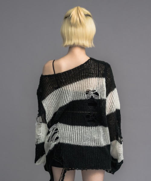 17HR（セブンティーンアワーズ）の「【ユニセックス】ルーズダメージメッシュニット（ニット/セーター・レディース・ブルー/グレー/ベージュ/ブラック×ホワイト/グリーン・FREE）」の8枚目の写真