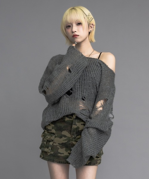 ユニセックス】ルーズダメージメッシュニット（ニット/セーター