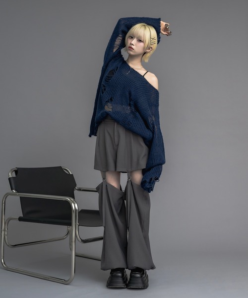 17HR（セブンティーンアワーズ）の「【ユニセックス】ルーズダメージメッシュニット（ニット/セーター・レディース・ブルー/グレー/ベージュ/ブラック×ホワイト/グリーン・FREE）」の21枚目の写真