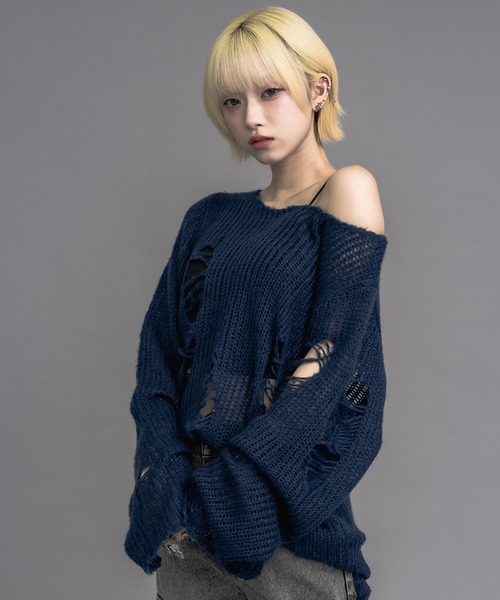 17HR（セブンティーンアワーズ）の「【ユニセックス】ルーズダメージメッシュニット（ニット/セーター・レディース・ブルー/グレー/ベージュ/ブラック×ホワイト/グリーン・FREE）」の16枚目の写真