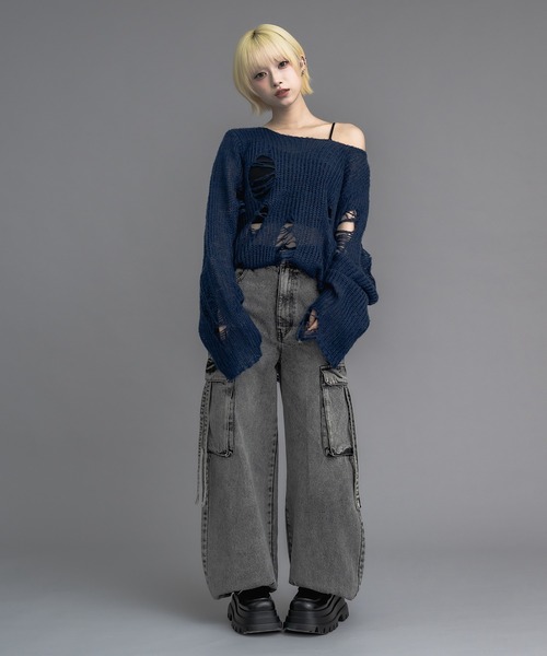 17HR（セブンティーンアワーズ）の「【ユニセックス】ルーズダメージメッシュニット（ニット/セーター・レディース・ブルー/グレー/ベージュ/ブラック×ホワイト/グリーン・FREE）」の20枚目の写真