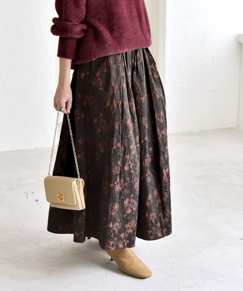 カランシエル（quaranciel）/quaranciel:〈洗濯機可能〉フラワー ジャカード タック ギャザー フレア スカート quaranciel:〈洗濯機可能〉フラワー ジャカード タック ギャザー