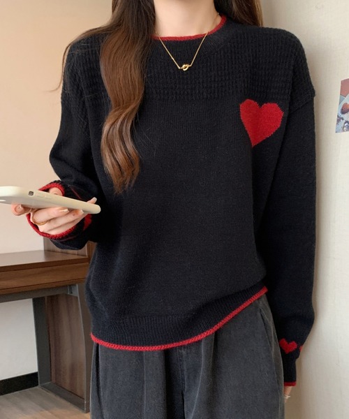 Lace Ladies(レースレディース)の「配色 ハート柄 ジャカード ニット プルオーバー(ニット/セーター・レディース・ブラック/アイボリー・FREE)」の1枚目の写真