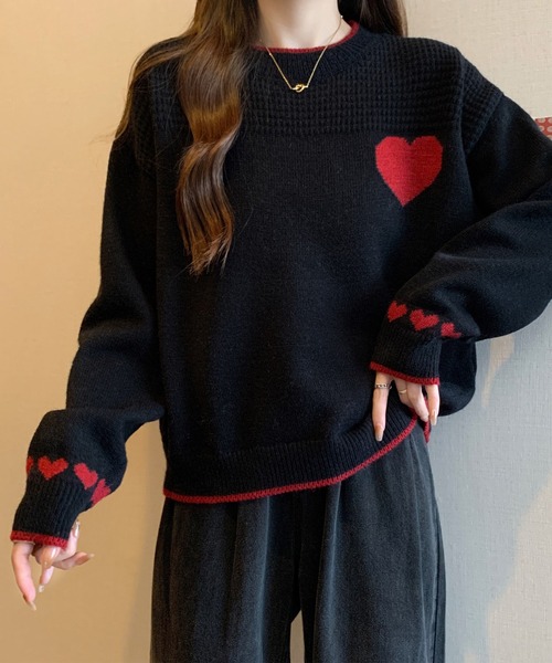 Lace Ladies(レースレディース)の「配色 ハート柄 ジャカード ニット プルオーバー(ニット/セーター・レディース・ブラック/アイボリー・FREE)」の14枚目の写真