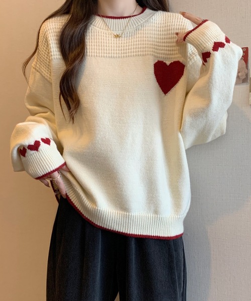 Lace Ladies(レースレディース)の「配色 ハート柄 ジャカード ニット プルオーバー(ニット/セーター・レディース・ブラック/アイボリー・FREE)」の6枚目の写真