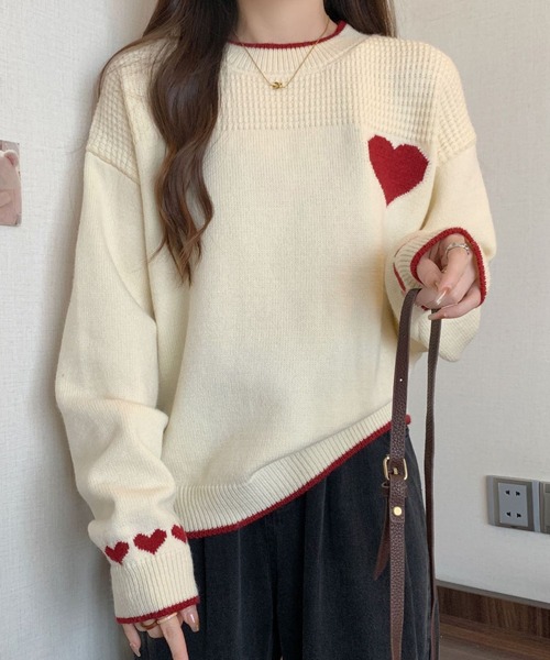 Lace Ladies(レースレディース)の「配色 ハート柄 ジャカード ニット プルオーバー(ニット/セーター・レディース・ブラック/アイボリー・FREE)」の7枚目の写真