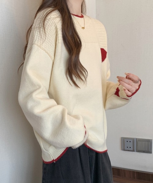 Lace Ladies(レースレディース)の「配色 ハート柄 ジャカード ニット プルオーバー(ニット/セーター・レディース・ブラック/アイボリー・FREE)」の8枚目の写真