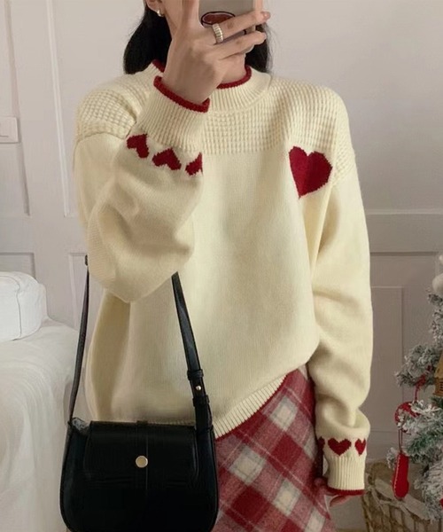 Lace Ladies(レースレディース)の「配色 ハート柄 ジャカード ニット プルオーバー(ニット/セーター・レディース・ブラック/アイボリー・FREE)」の9枚目の写真