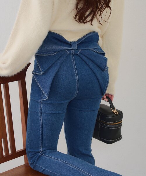 Lサイズが登場！】【後ろ姿まで可愛い】バックリボンデニムフレア
