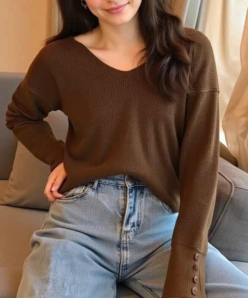 cammie(キャミー)の「袖口ボタンデザインニット(ニット/セーター・レディース・ブラウン/ブラック/ベージュ/アイボリー・F)」の1枚目の写真