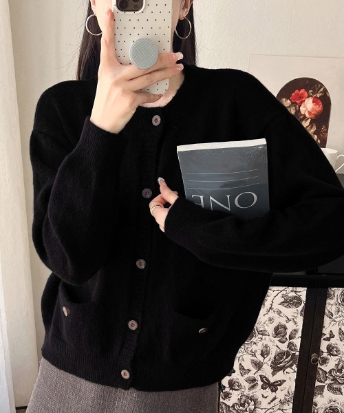 Miniministore(ミニミニストア)の「ニットカーディガン ポケット付き 秋冬服(ニット/セーター・レディース・イエロー×グリーン/アイボリー/ブラック/レッド/ダークグレー/ベージュ・FREE)」の3枚目の写真