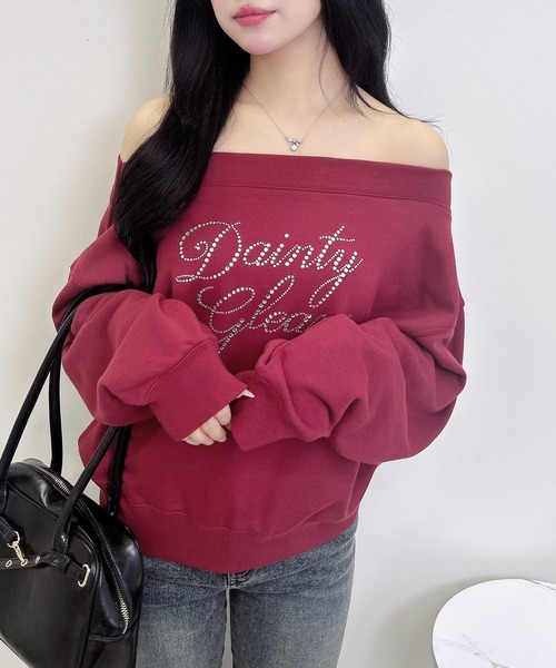 INGNI（イング）の「ラインストーンロゴオフショルスウェットトップス（スウェット・レディース・オフホワイト/チャコールグレー/オートミール/ボルドー・M）」の5枚目の写真