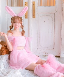 Tika(ティカ)のコスプレ かわいい バニー もこもこ ドットチュールリボン へそ出し フレアスカート ガーリー ツイン 7点セット ハロウィン(コスチューム/パーティーグッズ)