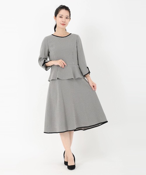 ウーリー千鳥_ペプラムトップス&フレアースカートセットアップ