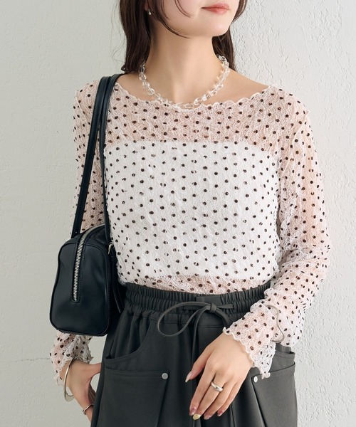 mystic（ミスティック）の「【レイヤードスタイルに！】ドットレースプルオーバー（Tシャツ/カットソー・レディース・ピンク/アイボリー/ブラック/ブルー/グリーン/オフホワイト・FREE）」の6枚目の写真