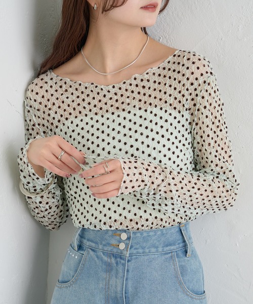 mystic（ミスティック）の「【レイヤードスタイルに！】ドットレースプルオーバー（Tシャツ/カットソー・レディース・ピンク/アイボリー/ブラック/ブルー/グリーン/オフホワイト・FREE）」の4枚目の写真