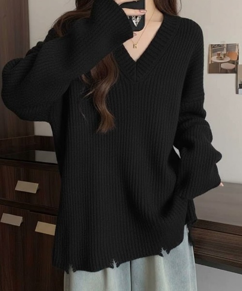 cammie（キャミー）の「リブＶネックリブニットトップス（ニット/セーター・レディース・ベージュ/ホワイト/ブラック・F）」の3枚目の写真