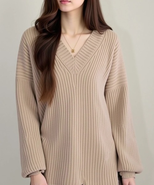 cammie（キャミー）の「リブＶネックリブニットトップス（ニット/セーター・レディース・ベージュ/ホワイト/ブラック・F）」の15枚目の写真