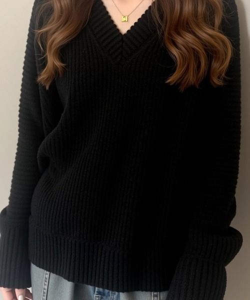 cammie（キャミー）の「リブＶネックリブニットトップス（ニット/セーター・レディース・ベージュ/ホワイト/ブラック・F）」の9枚目の写真
