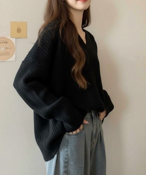 cammie（キャミー）の「リブＶネックリブニットトップス（ニット/セーター・レディース・ベージュ/ホワイト/ブラック・F）」の8枚目の写真