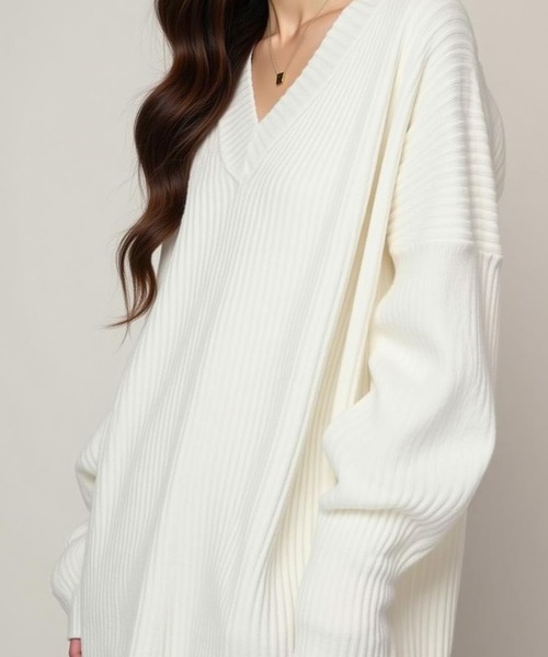 cammie（キャミー）の「リブＶネックリブニットトップス（ニット/セーター・レディース・ベージュ/ホワイト/ブラック・F）」の7枚目の写真