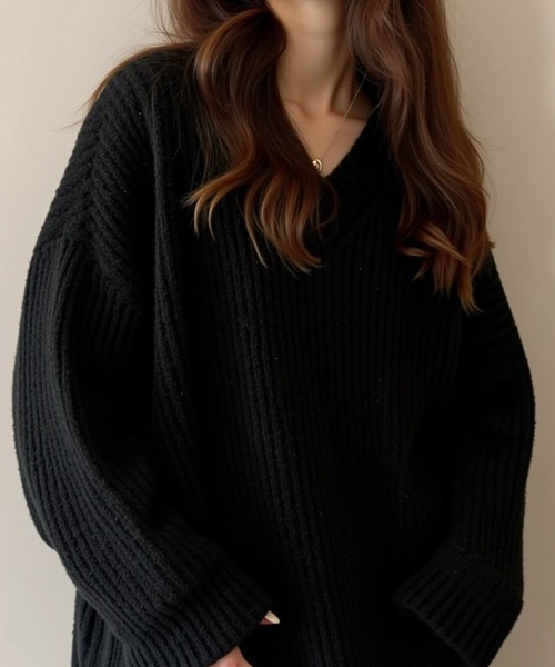 cammie（キャミー）の「リブＶネックリブニットトップス（ニット/セーター・レディース・ベージュ/ホワイト/ブラック・F）」の10枚目の写真